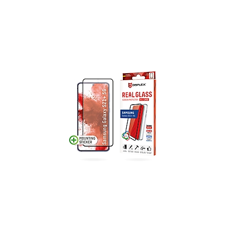 Ein schwarzes Schutzglas für ein Samsung Galaxy S21+ 5G Smartphone liegt neben einer Produktverpackung, rote und weiße Akzente.