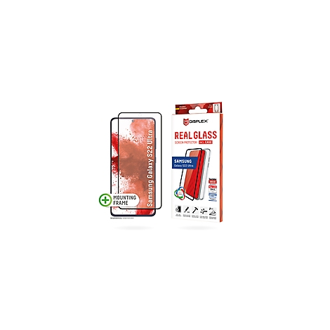 Smartphone mit aufgelegter Displayschutzfolie und Verpackung, Text: Samsung Galaxy S22 Ultra, Real Glass.