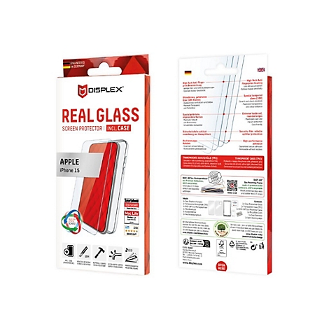 Un emballage de produit pour un protecteur d'écran en verre, avec une image d'un iPhone et d'une coque de protection transparente. L'emballage affiche des logos et des caractéristiques du produit.