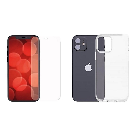 Zwei iPhones, eines mit Displayfolie, das andere mit Hülle. Beide Accessoires sind transparent.