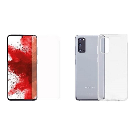 Zwei Smartphones mit Hülle. Auf einem Display roter Farbverlauf, daneben eine Schutzfolie.