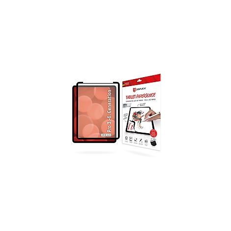 Ein schwarzer Rahmen mit einem Bildschirm und einer Produktverpackung mit Text, die ein Tablet-Displayschutz zeigt.