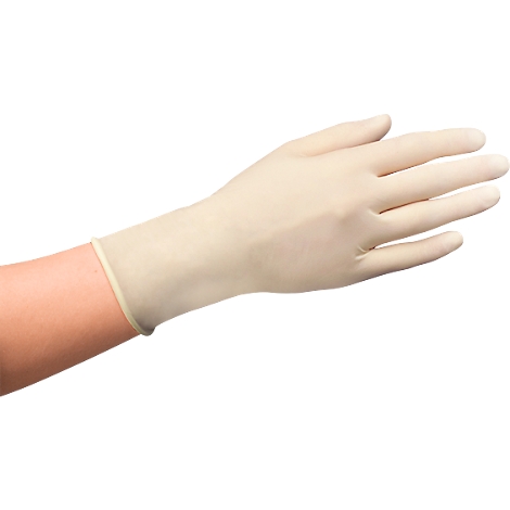 A hand wearing a light latex glove pulled over the wrist. The background is white.