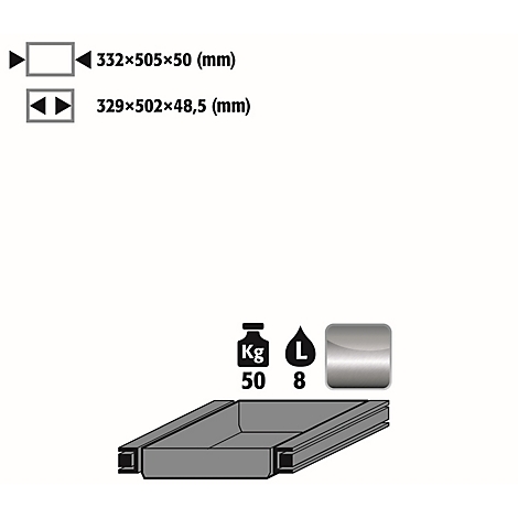 Grey drawer, dimensions, and symbols for weight and volume. Inscription: 50 kg, 8 liters.