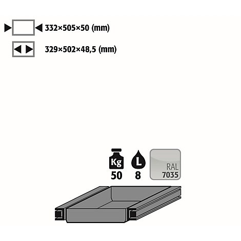 Grey drawer with dimensions, weight, and volume. RAL 7035.