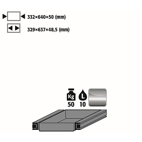 Graphic with dimensions and pictograms. Dimensions: 332x640x50 mm and 329x637x48.5 mm. Weight and volume: 50 kg, 10 l.