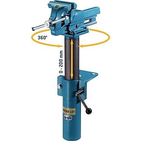 Étau d'établi bleu avec tête rotative et support réglable en hauteur. Des flèches jaunes indiquent la rotation et le réglage en hauteur.