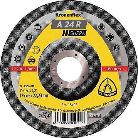 Disque de meulage Kronenflex rond et gris avec marquage jaune, écriture noire et noyau métallique. Inscription : A 24 R SUPRA, 12200 1/min.