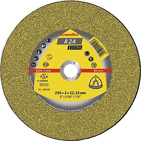 Disque à tronçonner jaune avec texte et logo, inscription 'Kronenflex A24 EXTRA' et autres détails.