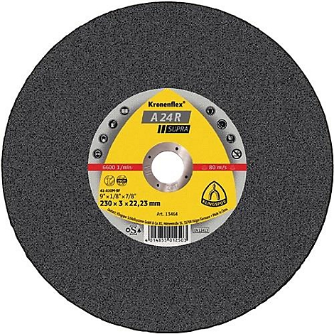 Disque à tronçonner rond gris avec étiquette jaune. Inscription: Kronenflex, A 24 R, SUPRA. Données techniques.