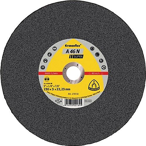 Disque à tronçonner gris avec centre jaune. Inscription : Kronenflex A46N Supra. Autres détails sur la taille et la vitesse.