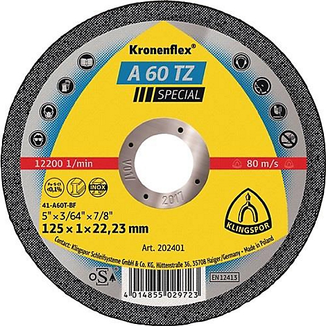 Un disque à tronçonner rond et gris avec un centre jaune et des inscriptions noires.