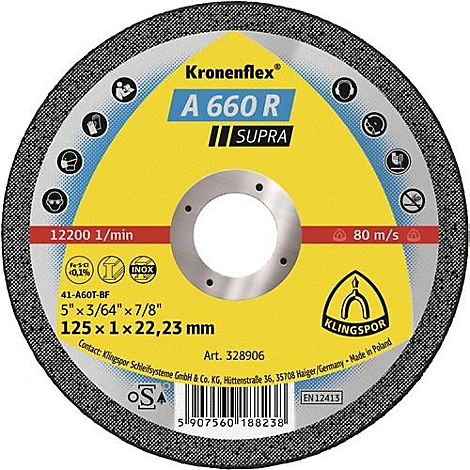 Disque circulaire, jaune et noir, avec inscriptions, informations du fabricant et données techniques.