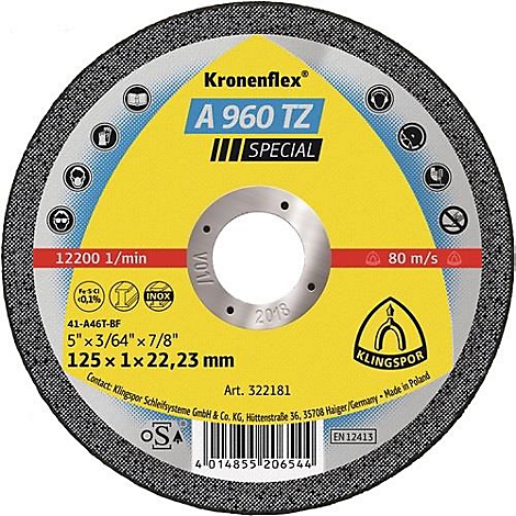 Disque à tronçonner rond avec zone centrale jaune, lettrage noir, zone de meulage circonférentielle. Texte : A 960 TZ, Special, 12200 1/min, Kling, Klingspor, 125x1x22,23 mm.