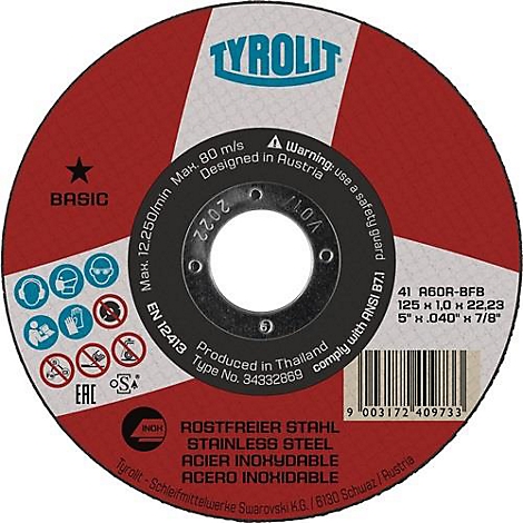 Disque à tronçonner rond avec fond rouge et logos. Inscription : TYROLIT, BASIC, panneaux d'avertissement, données techniques.