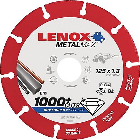 Disque de coupe en métal rond avec des éléments rouges et des lettres blanches.