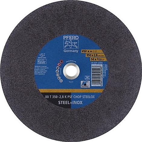 Disque à tronçonner gris avec partie centrale bleue, inscription PFERD, détails et dimensions.