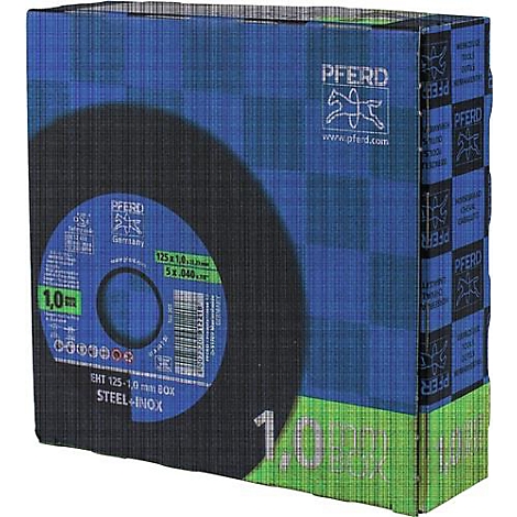 Disque de meulage dans une boîte bleue avec le logo "PFERD" en blanc et des informations sur le produit. Le chiffre 1,0 mm est mis en évidence.