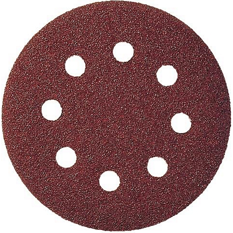 Papier abrasif rond marron avec des trous blancs.