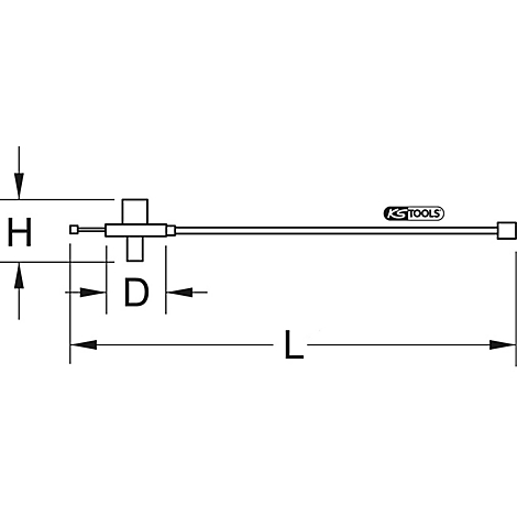 Dessin technique: Dimensions d'un outil, étiquetées avec “H”, “D” et “L”. Logo “KS TOOLS” à droite.