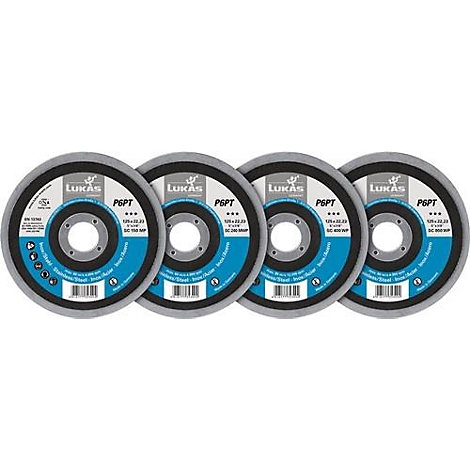 Quatre disques abrasifs au design blanc, bleu et gris. Inscription : LUKAS, P6PT. Spécifications de taille et code-barres.