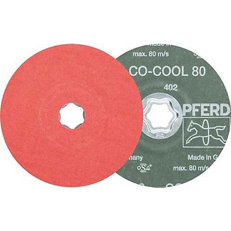 Deux disques abrasifs. Un disque rouge avec un trou au milieu. À côté, un disque vert avec l'inscription CO-COOL 80, le logo Pferd et des informations.