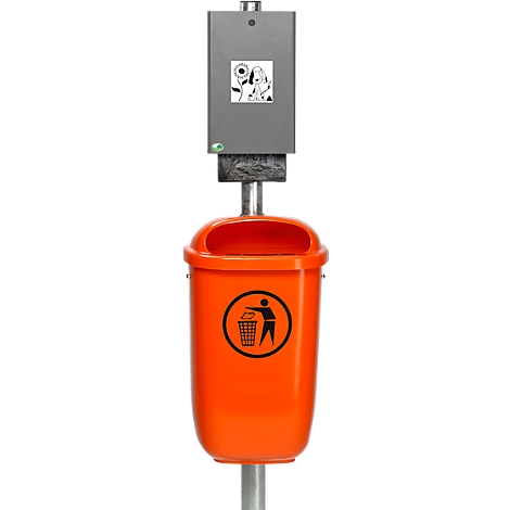 Poubelle orange avec distributeur de sacs intégré et un pictogramme « jeter les déchets ».