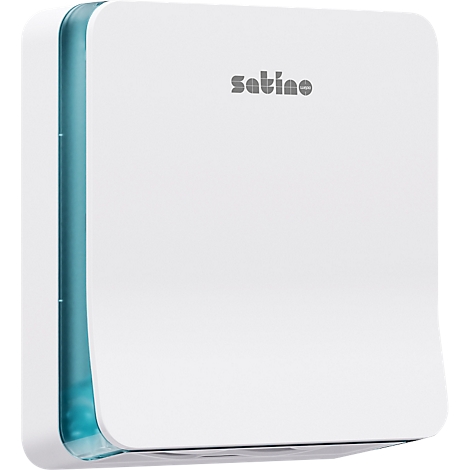 Appareil rectangulaire blanc aux coins arrondis et avec le mot "satino". Accents bleus sur un côté.