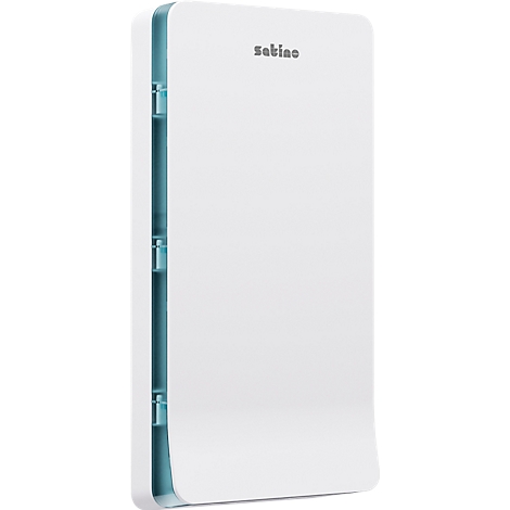 Appareil blanc et rectangulaire aux bords arrondis. Inscription "sabino". Accents bleus sur le côté.