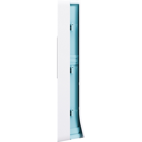 Un objet blanc et allongé qui s'ouvre vers l'intérieur, avec un intérieur bleu clair et des éléments noirs.