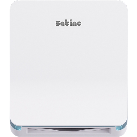 Balance personnelle blanche avec le mot "satino". Un petit renfoncement en bas.