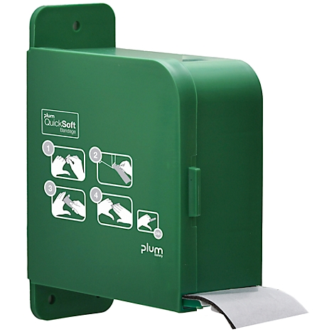 Distributeur de pansements adhésifs vert, monté sur le côté, avec instructions. Marque Plum QuickSoft. Quelques pansements sont visibles.