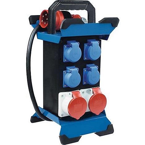 Distributeur d'alimentation noir avec prises bleues et rouges. Une poignée de transport en haut, cadre bleu.