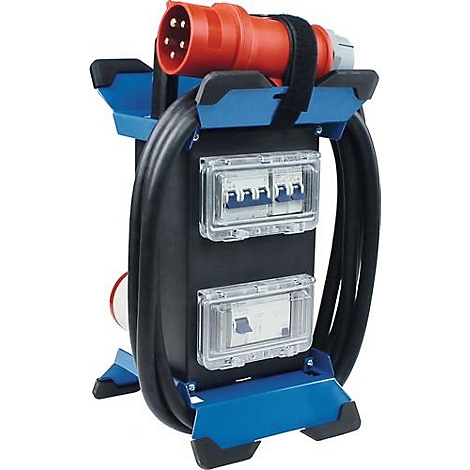 Distributeur d'alimentation noir et bleu avec connecteur rouge et couvercles transparents.