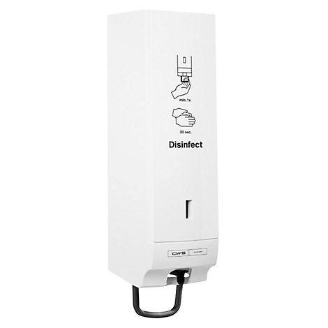 Distributeur de désinfectant blanc avec instructions et logo CWS.