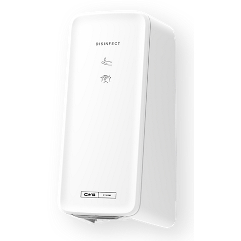 Distributeur de désinfectant mural blanc CWS avec icônes de désinfection des mains sur fond neutre.