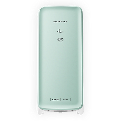 Distributeur de désinfectant CWS vert menthe avec icônes de mains et le texte DISINFECT.