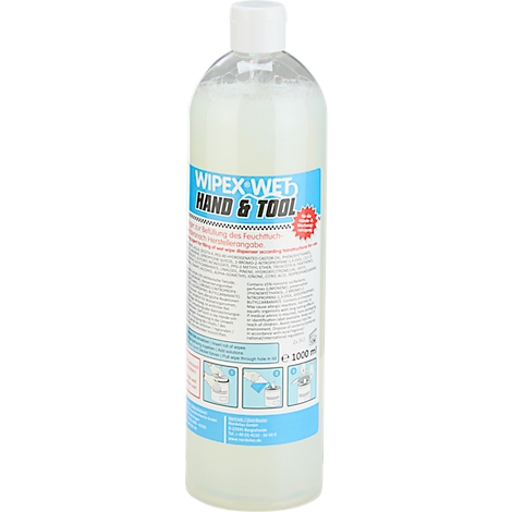 Une bouteille de nettoyant WIPEX-WET Hand & Tool. Le liquide est d'un jaune laiteux, avec des instructions détaillées imprimées au dos.