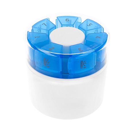 Pilulier rond avec sept compartiments bleus numérotés sur une base blanche.