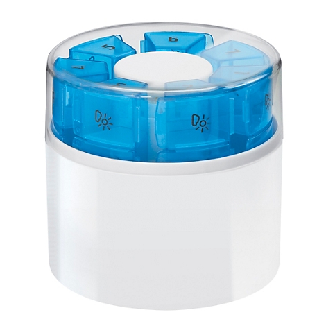 Pilulier rond et blanc avec couvercle transparent et compartiments bleus marqués d'icônes.