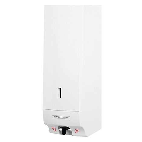 Distributeur de savon mural blanc CWS avec capteur et fenêtre de visualisation.