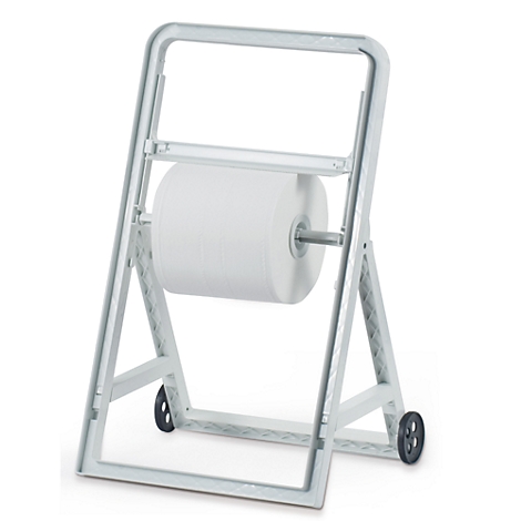 Support mobile gris avec un grand rouleau de papier blanc sur un support.