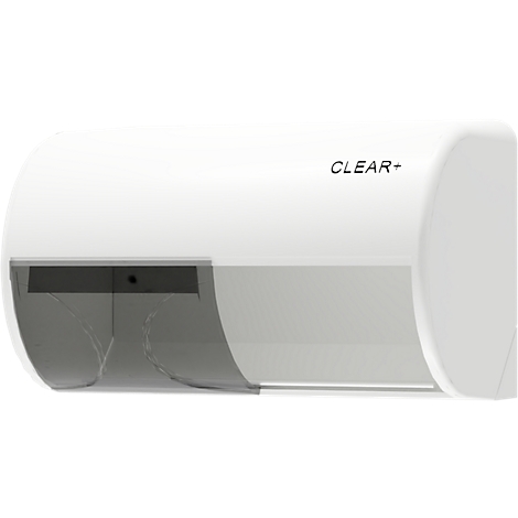 Distributeur d'essuie-mains blanc avec fenêtre transparente et l'inscription CLEAR+.