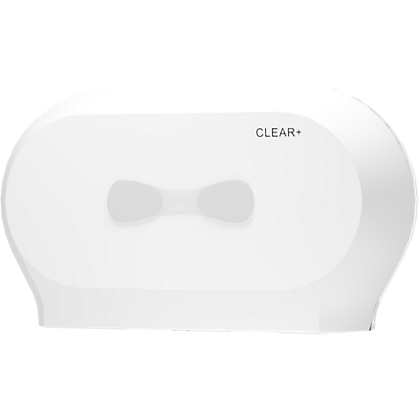 Distributeur de papier toilette blanc et ovale avec l'inscription CLEAR+ et une fenêtre de visualisation.