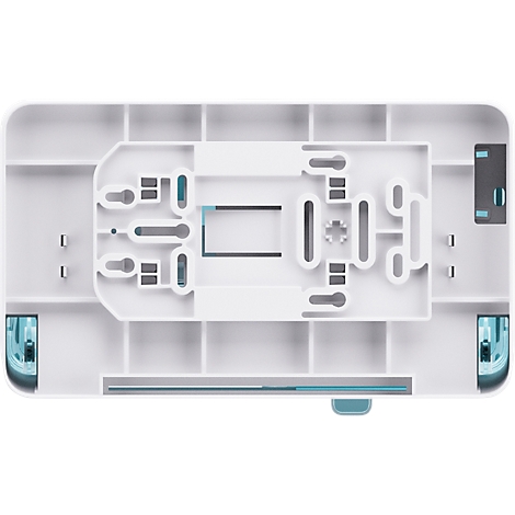 Vue de dessus d'une pièce en plastique blanc avec des accents bleus et des formes géométriques. Elle comprend des renfoncements et divers éléments de fixation.