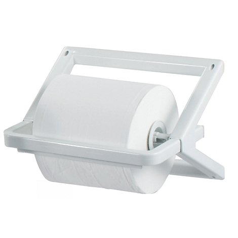 Un porte-papier toilette en plastique blanc avec un rouleau de papier toilette sur fond blanc.