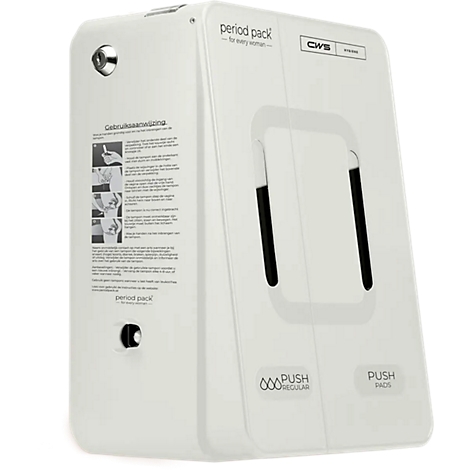 Distributeur blanc CWS Period Pack pour produits d'hygiène féminine avec instructions.