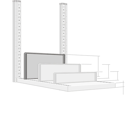 Sketch of a shelf with three screens of different sizes. In the background are vertical columns and a staircase design.