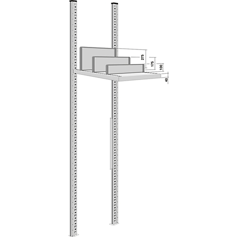 Shelf with three gray, rectangular objects on a platform; dimensions.