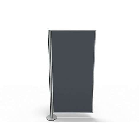Grey freestanding screen with hexagonal base. Grey area for information.